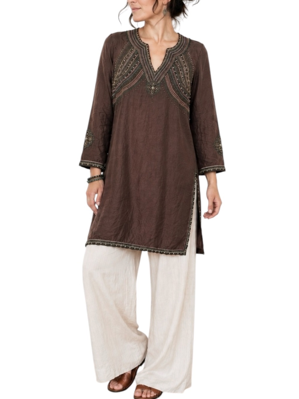 Coldwater Creek Brown 100% Silk Boho Embroidered Beaded Tunic Artsy Festival | M